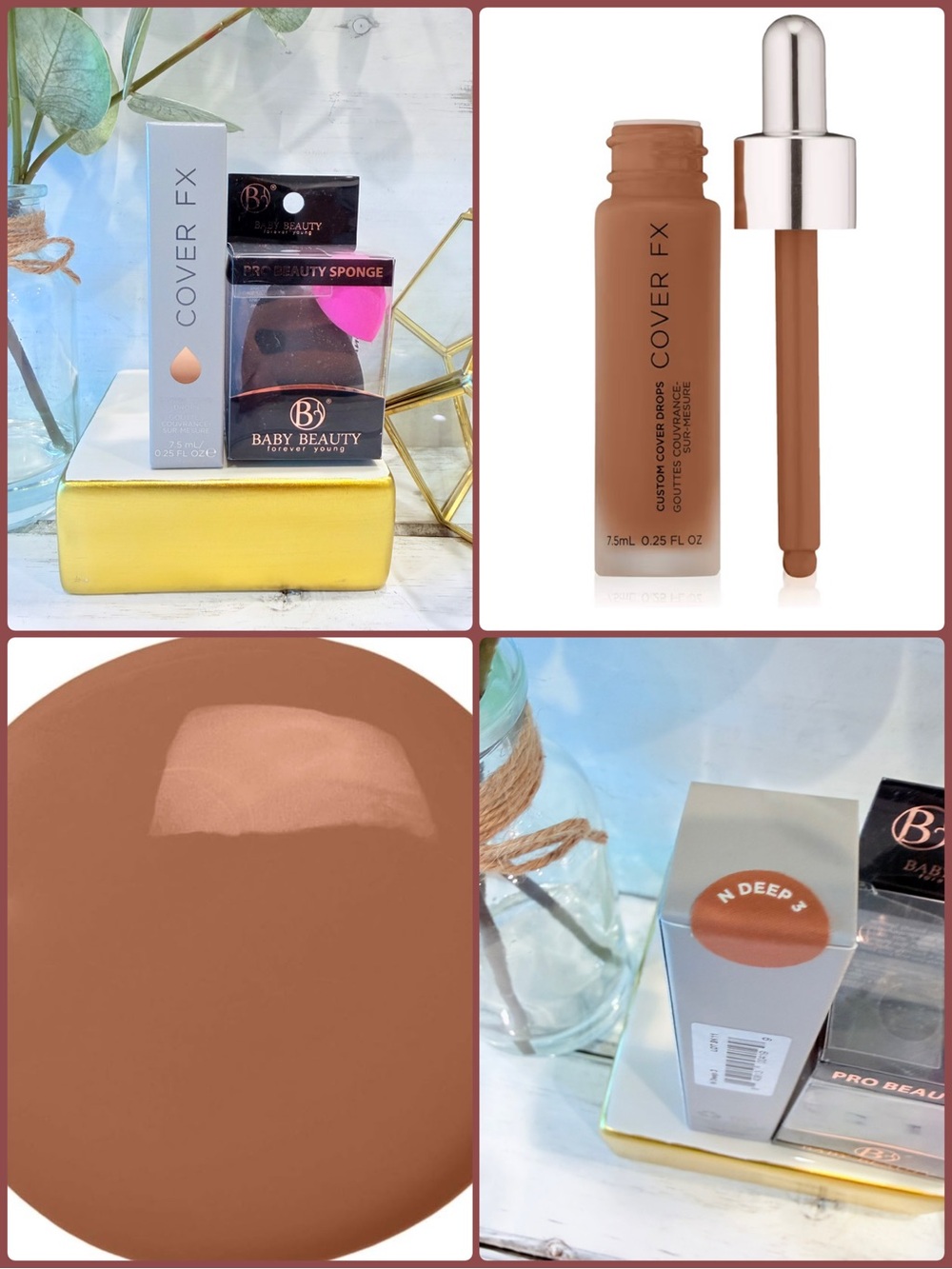 COVER FX VEGAN Custom Cover Drops Liquid Product Tinter N Deep 3 & Blender Set
